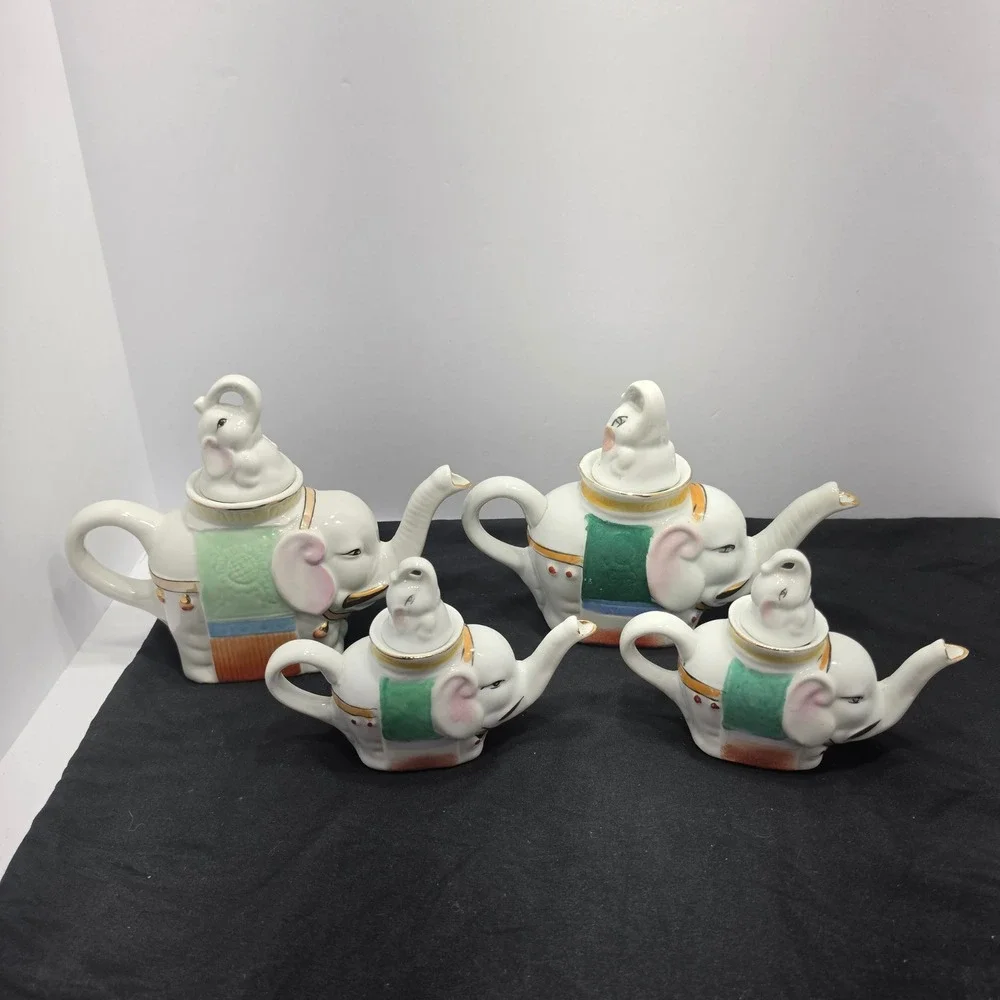 Vintage Ceramic Elephant Teapot Set of 4 Hand Painted White Gold Trim Figural